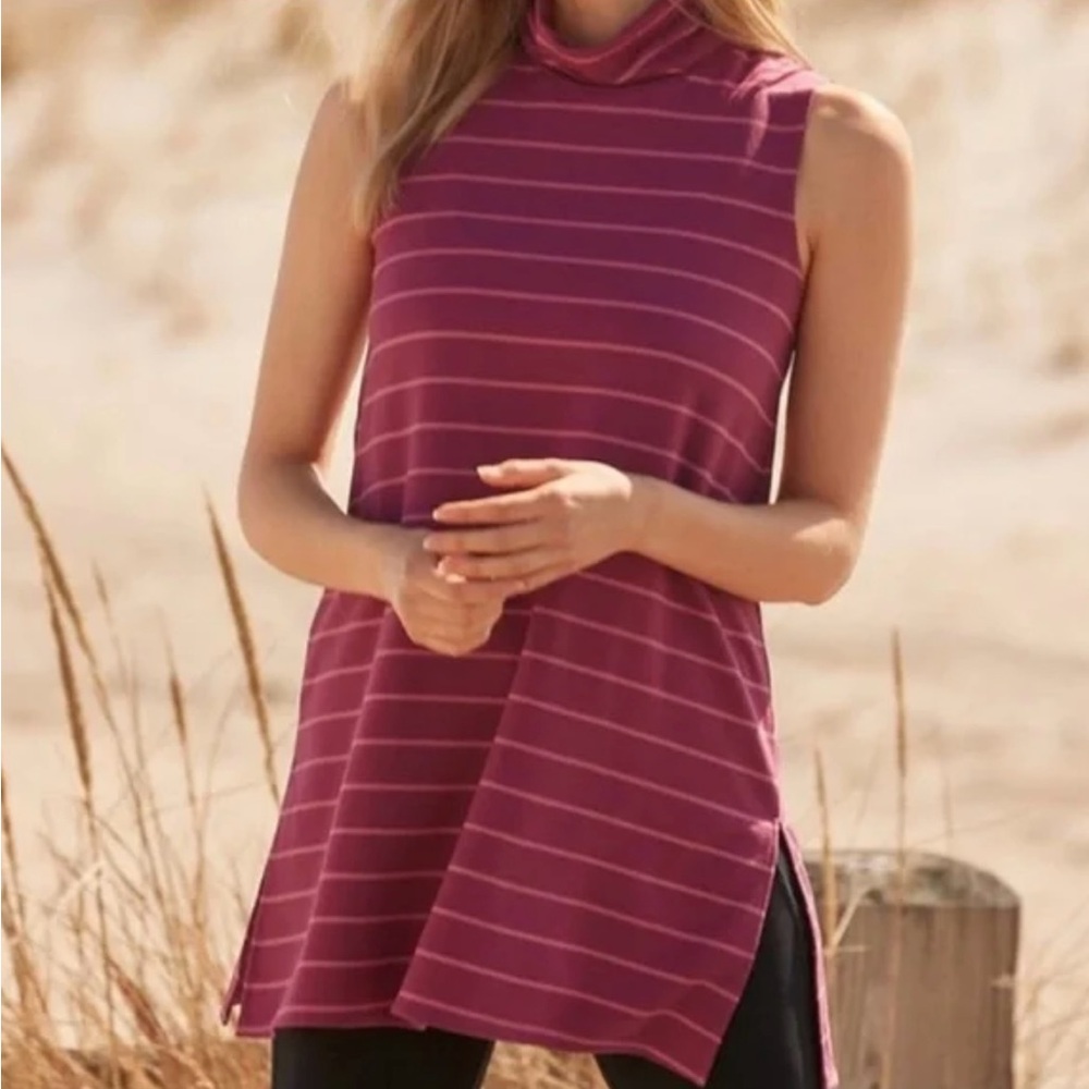 Garnet Hill Mock‎ Neck Sleeveless A-Line Split Hem Stripe Tunic Top Size Medium